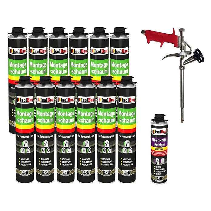 IsolBau Bauschaum 12 x Montageschaum 750 ml, PU-Reiniger 500 ml, Schaumpistole - 750 ml - IsolBau Montageschaum-Set mit 12 Schaumdosen, PU-Reiniger und einer rot-silbernen Schaumpistole.