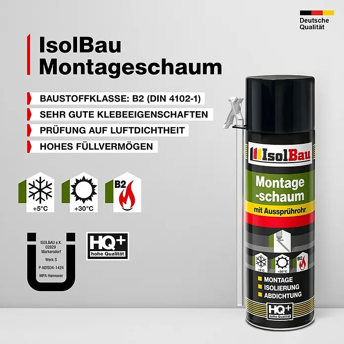 IsolBau Adapterschaum Montageschaum mit Aussprührohr 1 x 500 ml - 750 ml - Dose IsolBau Montageschaum mit Applikator, beschriftet mit B2-Klasse, guter Haftung, Temperaturbereich.