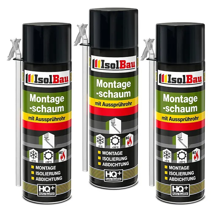 IsolBau Adapterschaum Montageschaum mit Aussprührohr 3 x 500 ml - 750 ml - Drei schwarze und grüne IsolBau Montageschaum-Dosen mit Sprührohr. Für Montage, Isolierung und Abdichtung.