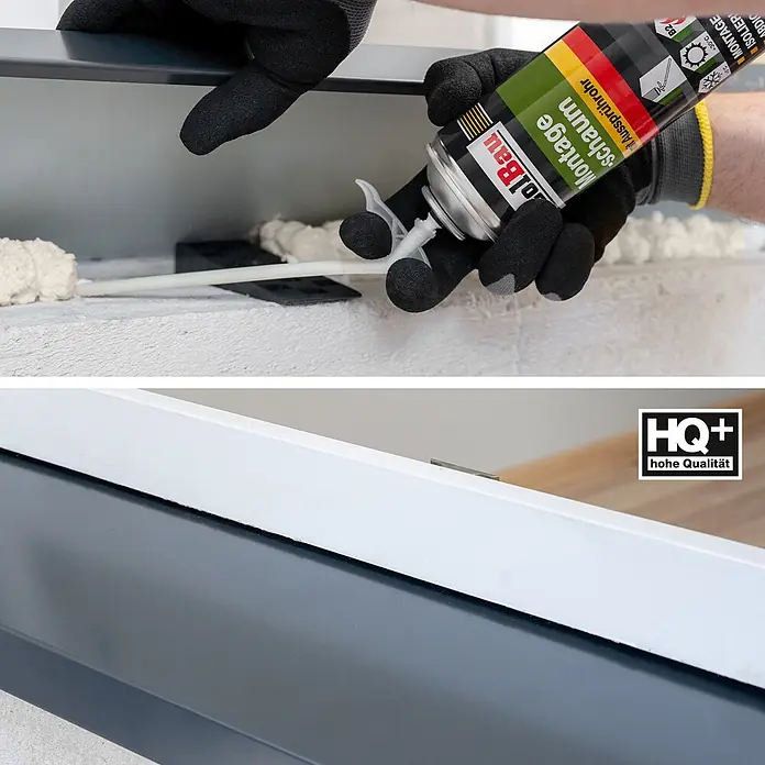 IsolBau Adapterschaum Montageschaum mit Aussprührohr 3 x 500 ml - 750 ml - Eine Person trägt ColBau Montageschaum mit einem Sprührohr in einen Bauspalt auf, zur Isolation und Abdichtung.