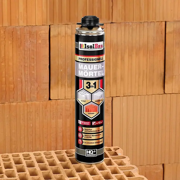 IsolBau Klebeschaum PU Mauermörtel - 1 x 750ml - 750 ml - IsolBau Profi 3in1 Mauermörtel in schwarzer Sprühdose, geeignet für Silikat, Porenbeton und Keramik, auf Mauerwerk abgebildet.
