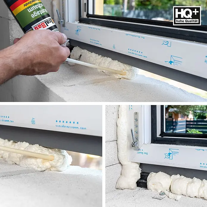 IsolBau Adapterschaum Montageschaum mit Aussprührohr 1 x 500 ml - 750 ml - Hand trägt weißen Montageschaum aus einer Isol Bau Dose auf, um Fensterrahmen bei der Installation abzudichten.