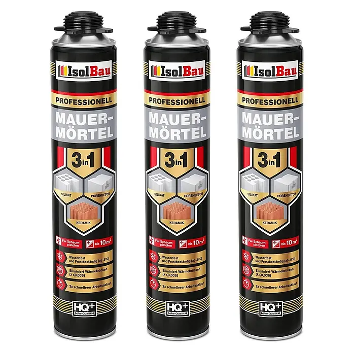 IsolBau Klebeschaum PU Mauermörtel - 3 x 750ml - 750 ml - Drei schwarze und goldene IsolBau Profi 3-in-1 Mauermörtel-Schaumdosen, zeigen Anwendung mit Silikat, Porenbeton und Keramiksteinen.