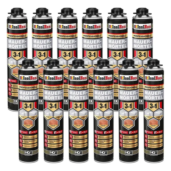 IsolBau Klebeschaum PU Mauermörtel - 12 x 750ml - 750 ml - Zwölf schwarze und gelbe Dosen IsolBau Profi 3-in-1 Sprüh-Mauermörtel, in Reihen angeordnet.