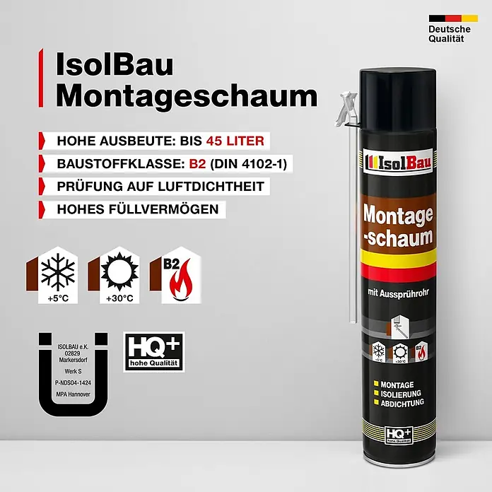 IsolBau Adapterschaum Montageschaum mit Aussprührohr 1 x 750 ml - 750 ml - Schwarze und orange IsolBau Montageschaum-Aerosoldose mit Düse, B2 Brandschutzklasse, hoher Ausbeute, zur Isolierung und Abdichtung.