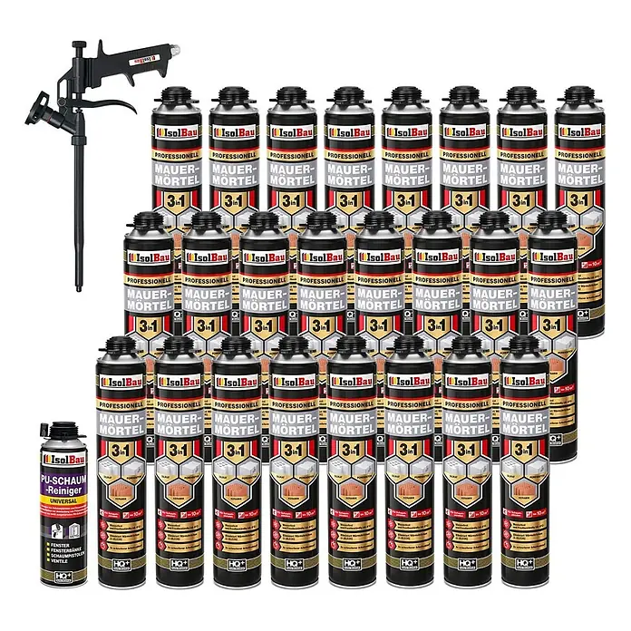 IsolBau Klebeschaum PU Mauermörtel - 24 x 750ml, PU-Reiniger - 500 ml, Schaumpistole - 750 ml - Eine große Sammlung IsolBau 'Mauer-Mörtel 3in1' Schaummörteldosen mit schwarzer Spritzpistole und einer Reinigerdose.