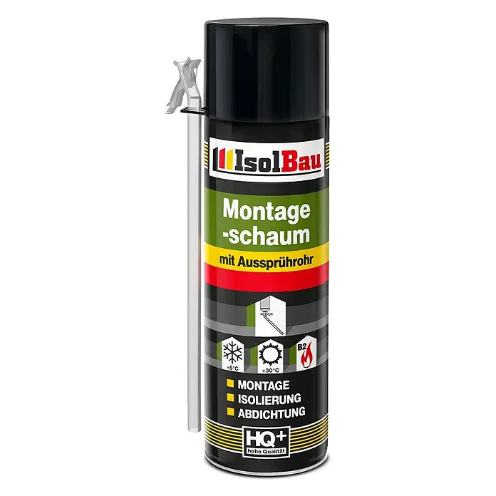 IsolBau Adapterschaum Montageschaum mit Aussprührohr 1 x 500 ml - 750 ml - Schwarze Montageschaumdose mit grünem, gelbem, rotem und schwarzem Etikett, mit transparentem Sprührohr.