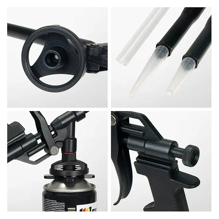 IsolBau Klebeschaum PU Mauermörtel - 6 x 750ml, PU-Reiniger - 500 ml, Schaumpistole - 750 ml - Schwarze Schaumpistole mit einstellbarem Fluss, verschiedenen Düsen und Anschluss an eine Schaumdose.