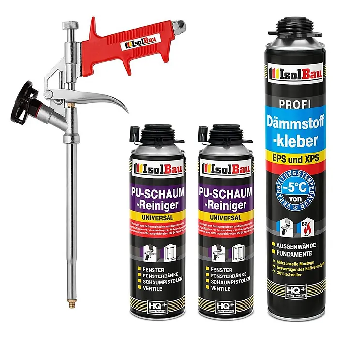 IsolBau Klebeschaum Profi Dämmstoffkleber 1 x 750 ml, PU-Reiniger 2 x 500 ml, Schaumpistole - 750 ml - Eine rot-silberne Schaumpistole mit zwei Dosen PU-Schaumreiniger und einer Dose Dämmstoffkleber.