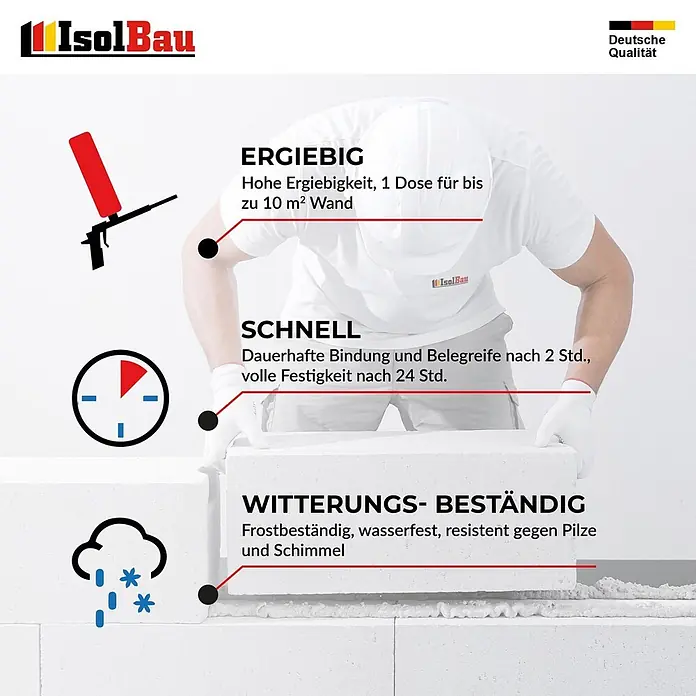 IsolBau Klebeschaum PU Mauermörtel - 6 x 750ml, PU-Reiniger - 500 ml, Schaumpistole - 750 ml - IsolBau Bauschaum mit hoher Ergiebigkeit, schneller Aushärtung (2h/24h) und Wetterbeständigkeit (frost-, wasserfest, schimmelresistent).