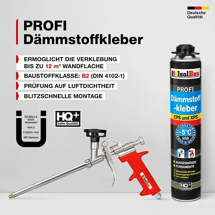 IsolBau Klebeschaum Profi Dämmstoffkleber 24 x 750 ml, PU-Reiniger 2 x 500 ml, Schaumpistole - 750 ml - Eine schwarze und blaue IsolBau Dämmstoffkleber-Sprühdose neben einer silbernen und roten Schaumpistole.