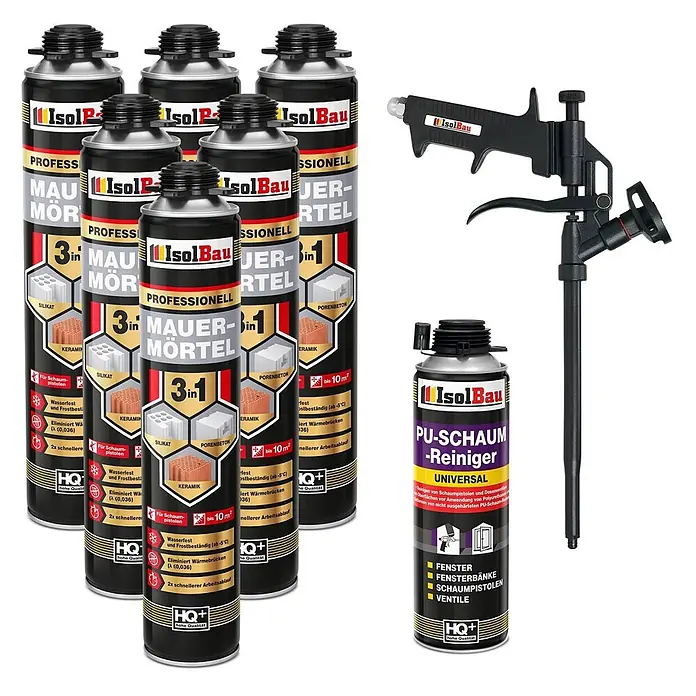 IsolBau Klebeschaum PU Mauermörtel - 6 x 750ml, PU-Reiniger - 500 ml, Schaumpistole - 750 ml - Sechs schwarze und gelbe Dosen IsolBau 3-in-1 Mauermörtelschaum, eine schwarze Schaumpistole und eine schwarze und lilafarbene PU-Schaumreinigerdose.