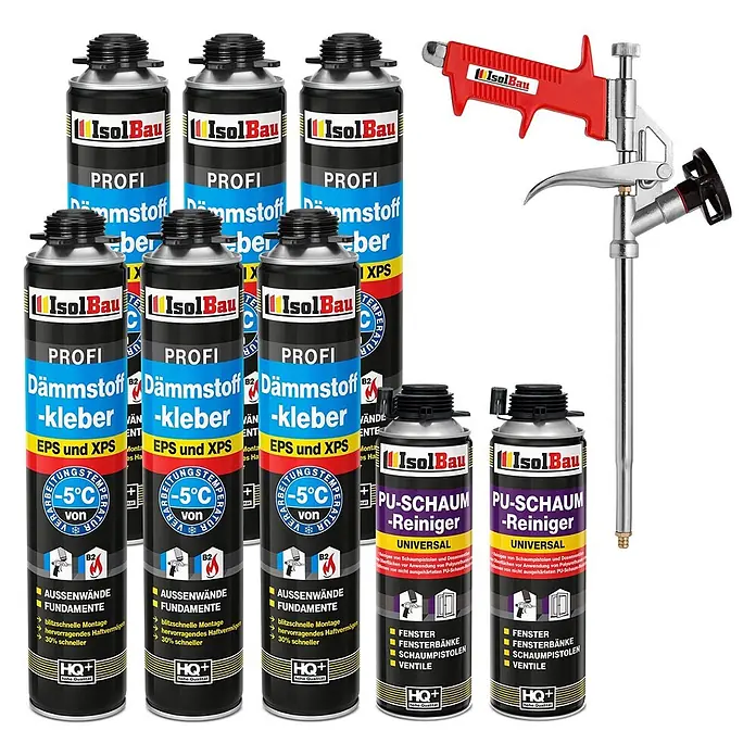IsolBau Klebeschaum Profi Dämmstoffkleber 6 x 750 ml, PU-Reiniger 2 x 500 ml, Schaumpistole - 750 ml - Ein Set IsolBau Dämmstoff-Kleber Dosen, PU-Schaum-Reiniger Dosen und einer rot-silbernen Schaumpistole.