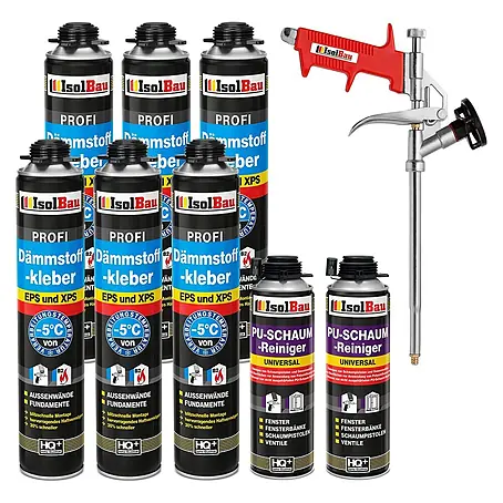 IsolBau  Klebeschaum Profi Dämmstoffkleber 6 x 750 ml, PU-Reiniger 2 x 500 ml, Schaumpistole