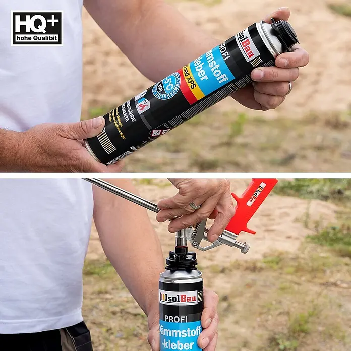 IsolBau Klebeschaum Profi Dämmstoffkleber 24 x 750 ml, PU-Reiniger 2 x 500 ml, Schaumpistole - 750 ml - Eine Person hält eine IsolBau PROFI Dämmstoff-Kleber Dose und befestigt eine Schaumpistole daran.