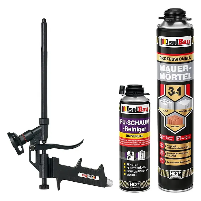 IsolBau Klebeschaum PU Mauermörtel - 1 x 750ml, PU-Reiniger - 500 ml, Schaumpistole - 750 ml - Eine schwarze PU-Schaumpistole, eine Dose Schaumreiniger und eine hohe Dose 3-in-1 Mauermörtel von IsolBau.
