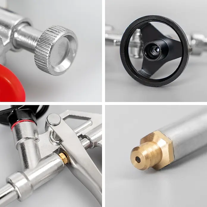 IsolBau Klebeschaum Profi Dämmstoffkleber 24 x 750 ml, PU-Reiniger 2 x 500 ml, Schaumpistole - 750 ml - Metallische Schaumpistole mit Messingdüse, schwarzem Einstellrad und silbernem Drehknopf.