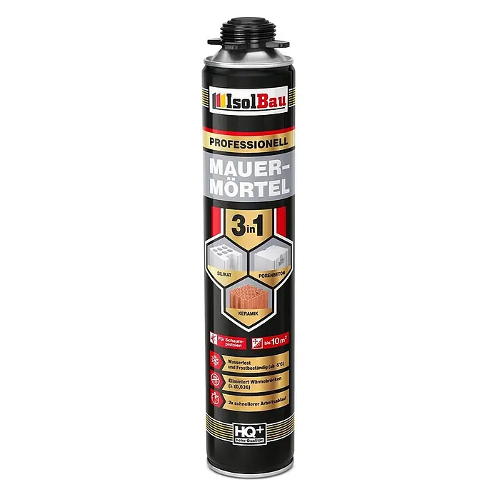 IsolBau Klebeschaum PU Mauermörtel - 1 x 750ml - 750 ml - Schwarze und goldene Aerosoldose mit professionellem 3-in-1 Mauer-Schaummörtel für Silikat, Porenbeton und Keramik.