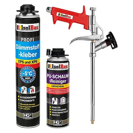 IsolBau  Klebeschaum Profi Dämmstoffkleber 1 x 750 ml, PU-Reiniger 500 ml, Schaumpistole
