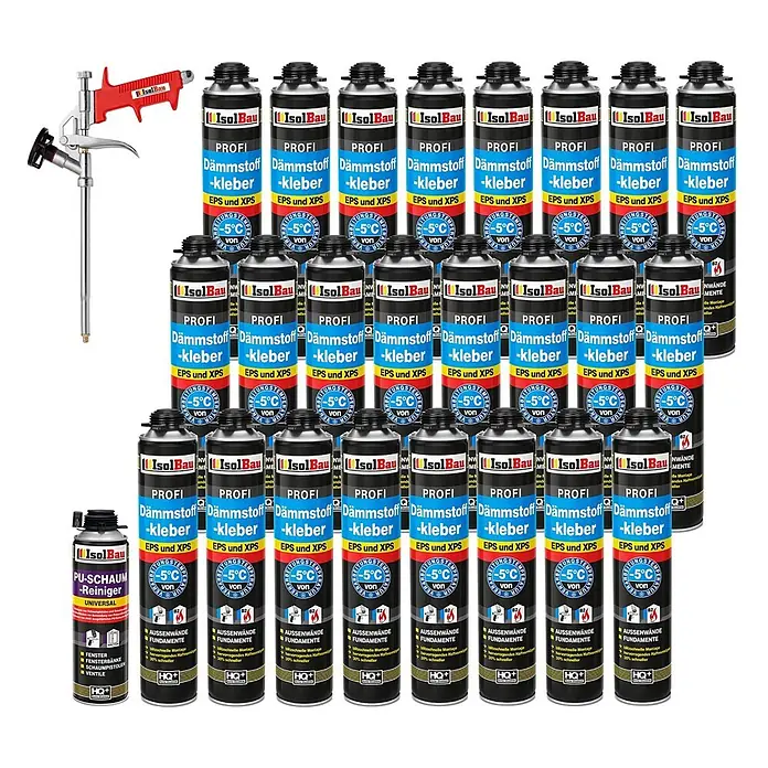 IsolBau Klebeschaum Profi Dämmstoffkleber 24 x 750 ml, PU-Reiniger 500 ml, Schaumpistole - 750 ml - Sortiment schwarzer und blauer Dämmstoff-Kleber Dosen, eine rote Schaumpistole und eine PU-Schaum-Reiniger Dose.