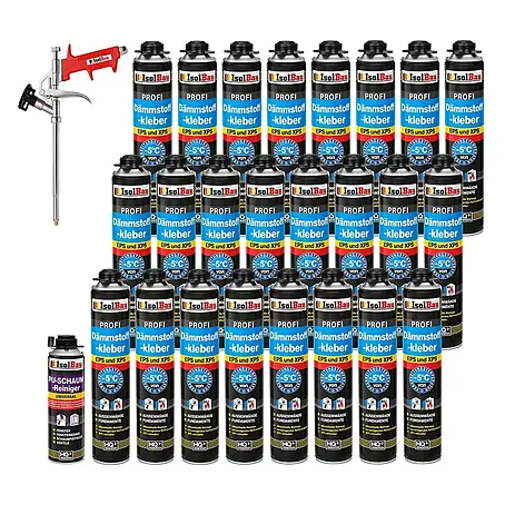 IsolBau  Klebeschaum Profi Dämmstoffkleber 24 x 750 ml, PU-Reiniger 500 ml, Schaumpistole