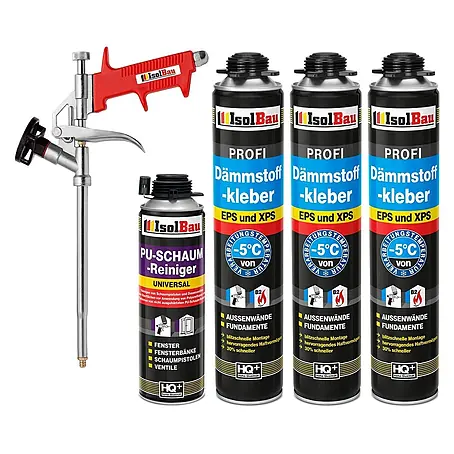 IsolBau  Klebeschaum Profi Dämmstoffkleber 3 x 750 ml, PU-Reiniger 500 ml, Schaumpistole