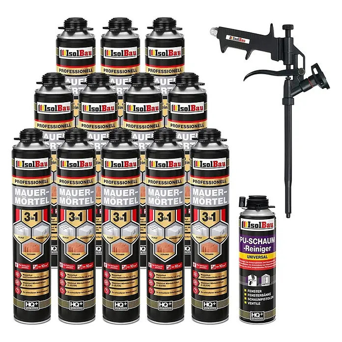IsolBau Klebeschaum PU Mauermörtel - 12 x 750ml, PU-Reiniger - 500 ml, Schaumpistole - 750 ml - Ein Set IsolBau Mauermörtel-Schaumdosen, ein PU-Schaumreiniger und eine Schaumpistole für Bauarbeiten.