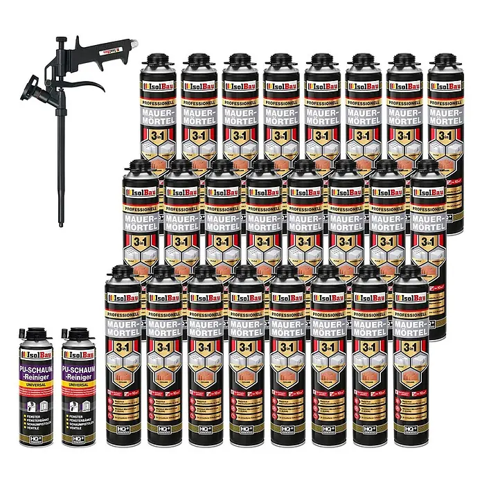 IsolBau Klebeschaum PU Mauermörtel - 24 x 750ml, PU-Reiniger - 2 x 500 ml, Schaumpistole - 750 ml - Eine schwarze Schaumpistole, zwei schwarze PU-Schaumreinigerdosen und 24 schwarze IsolBau 3-in-1 Mauermörtel-Schaumdosen mit Etiketten.