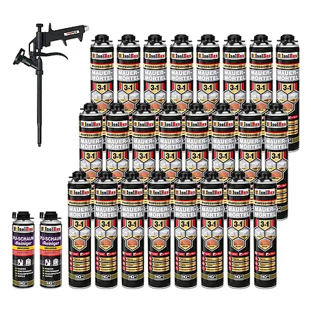 IsolBau  Klebeschaum PU Mauermörtel - 24 x 750ml, PU-Reiniger - 2 x 500 ml, Schaumpistole