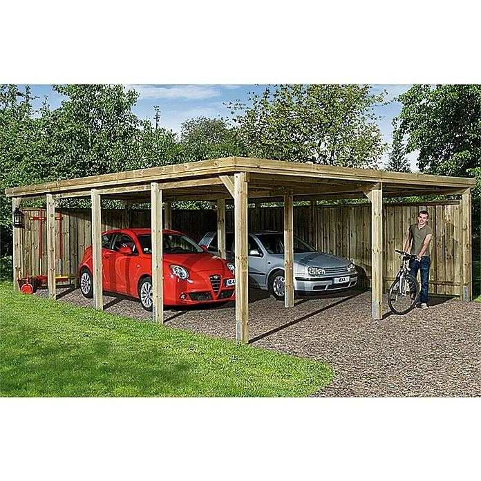 Weka Carport Optima Duo - Außenmaß inkl. Dachüberstand (B x T): 6,03 x 8,12 m, Doppelcarport, Kesseldruckimprägniert - Carport aus Holz mit zwei geparkten Autos und einer Person mit Fahrrad. Praktischer Unterstand für Fahrzeuge.