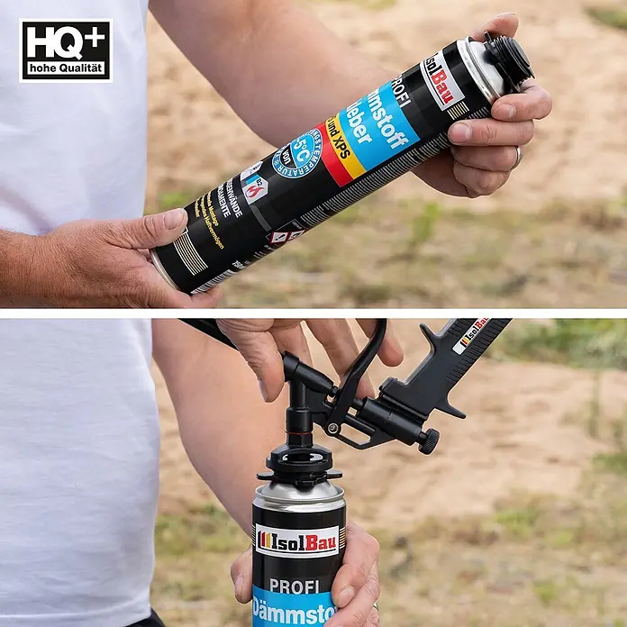 IsolBau Klebeschaum Profi Dämmstoffkleber 3 x 750 ml - 750 ml - Eine Person hält eine IsolBau PROFI Dämmstoffkleberdose und befestigt sie an einer Applikatorpistole.