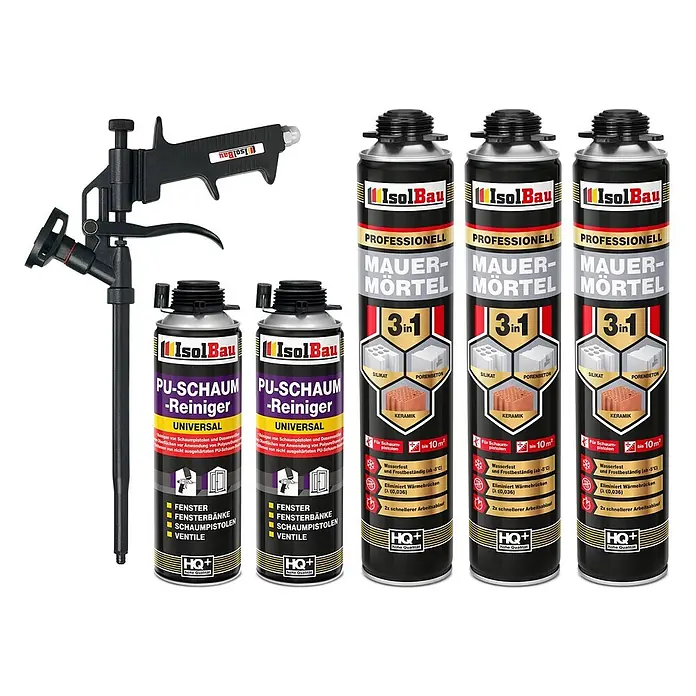 IsolBau Klebeschaum PU Mauermörtel - 3 x 750ml, PU-Reiniger - 2 x 500 ml, Schaumpistole - 750 ml - Eine schwarze Schaumpistole, zwei Dosen PU-Schaumreiniger und drei Dosen IsolBau 3-in-1 Profi-Mauermörtel.