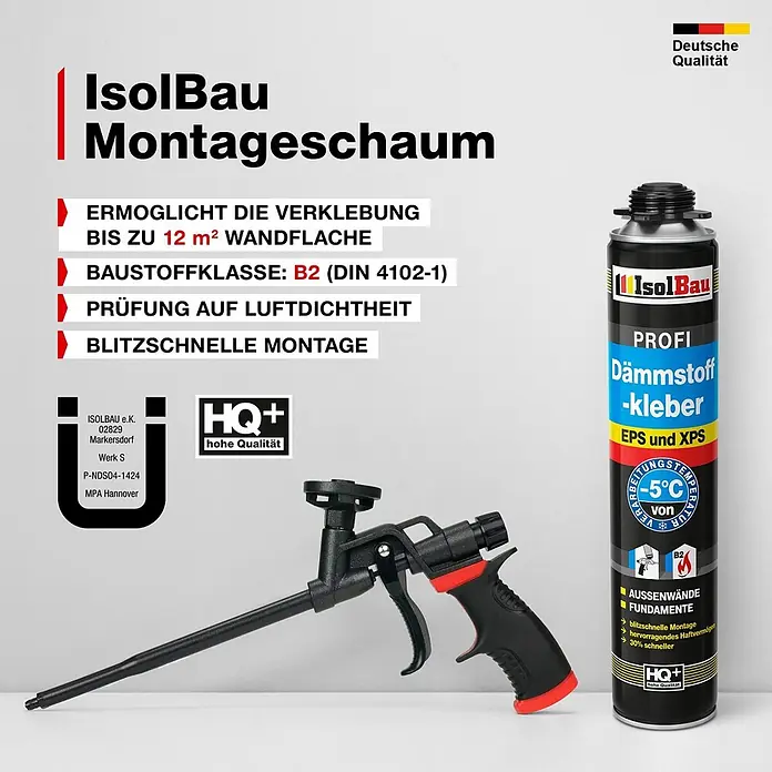 IsolBau Klebeschaum Profi Dämmstoffkleber 3 x 750 ml - 750 ml - Dose IsolBau Dämmstoff-Klebeschaum mit schwarzer und roter Applikatorpistole. Für EPS/XPS, Brandschutzklasse B2, bei -5°C verwendbar, schnelle Montage.