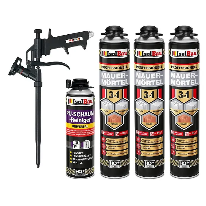 IsolBau Klebeschaum PU Mauermörtel - 3 x 750ml, PU-Reiniger - 500 ml, Schaumpistole - 750 ml - Schwarze Schaumpistole, lilafarbene und schwarze PU-Schaum-Reiniger Dose und drei schwarze/graue 3-in-1 Mauermörtel Dosen.