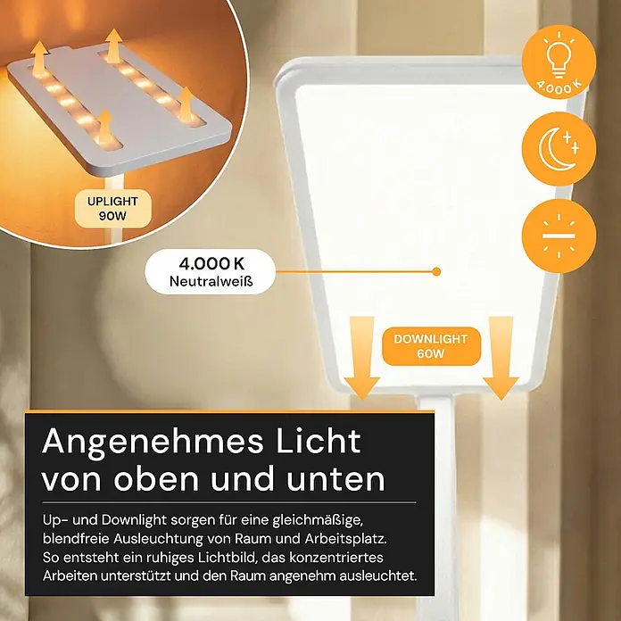 Enovalite LED-Stehleuchte - 150 W, Höhe: 199 cm, Weiß, Neutralweiß - Weiße Stehleuchte mit 4000K neutralweißem Up- und Downlight für gleichmäßige, blendfreie Raum- und Arbeitsplatzausleuchtung.