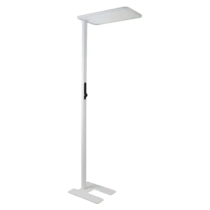 Enovalite LED-Stehleuchte - 150 W, Höhe: 199 cm, Weiß, Neutralweiß - Weiße LED-Stehleuchte mit flachem Rechteckkopf, integrierten Bedienelementen und U-förmigem Fuß.