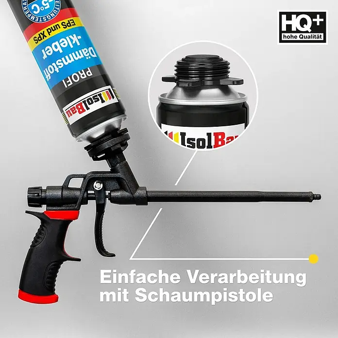 IsolBau Klebeschaum Profi Dämmstoffkleber 3 x 750 ml - 750 ml - Eine schwarze Schaumpistole mit roten Akzenten ist an einer schwarzen und blauen IsolBau Dämmstoffkleberdose befestigt.