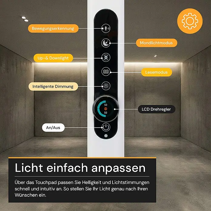 Enovalite LED-Stehleuchte - 150 W, Höhe: 199 cm, Weiß, Neutralweiß - Weiße Stehleuchte mit schwarzem Touch-Bedienfeld, LCD-Drehregler und Tasten für verschiedene Lichtmodi, in Innenraumumgebung gezeigt.