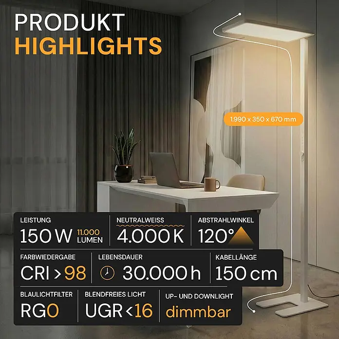 Enovalite LED-Stehleuchte - 150 W, Höhe: 199 cm, Weiß, Neutralweiß - Eine hohe, moderne weiße Stehlampe beleuchtet einen Schreibtisch im Büro. Produktspezifikationen sind überlagert.