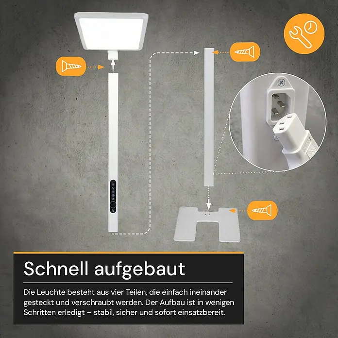 Enovalite LED-Stehleuchte - 150 W, Höhe: 199 cm, Weiß, Neutralweiß - Schema zur einfachen Montage einer weißen Stehleuchte aus vier Teilen, die gesteckt und verschraubt werden für schnellen Aufbau.