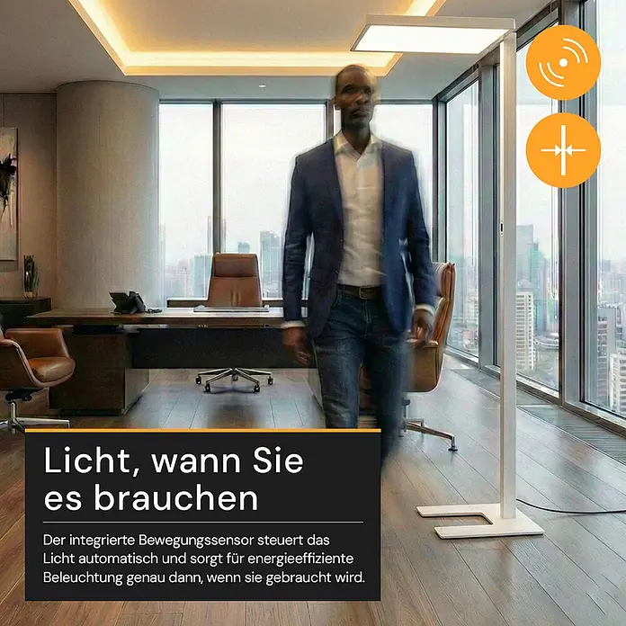 Enovalite LED-Stehleuchte - 150 W, Höhe: 199 cm, Weiß, Neutralweiß - Moderne weiße Stehleuchte mit Bewegungssensor für automatische, energieeffiziente Beleuchtung im Büro.