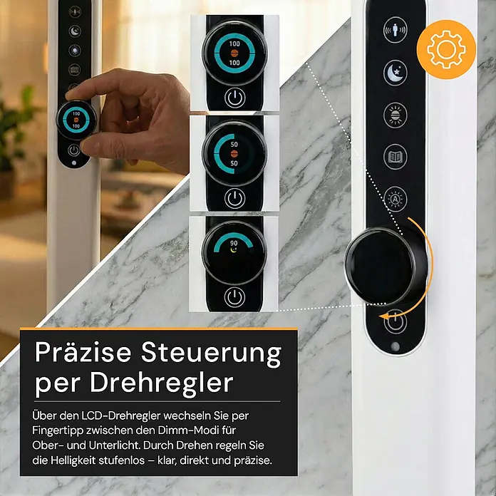 Enovalite LED-Stehleuchte - 150 W, Höhe: 199 cm, Weiß, Neutralweiß - Weißes Bedienfeld einer Leuchte mit LCD-Drehregler. Eine Hand stellt präzise die Helligkeit für Ober- und Unterlicht ein.