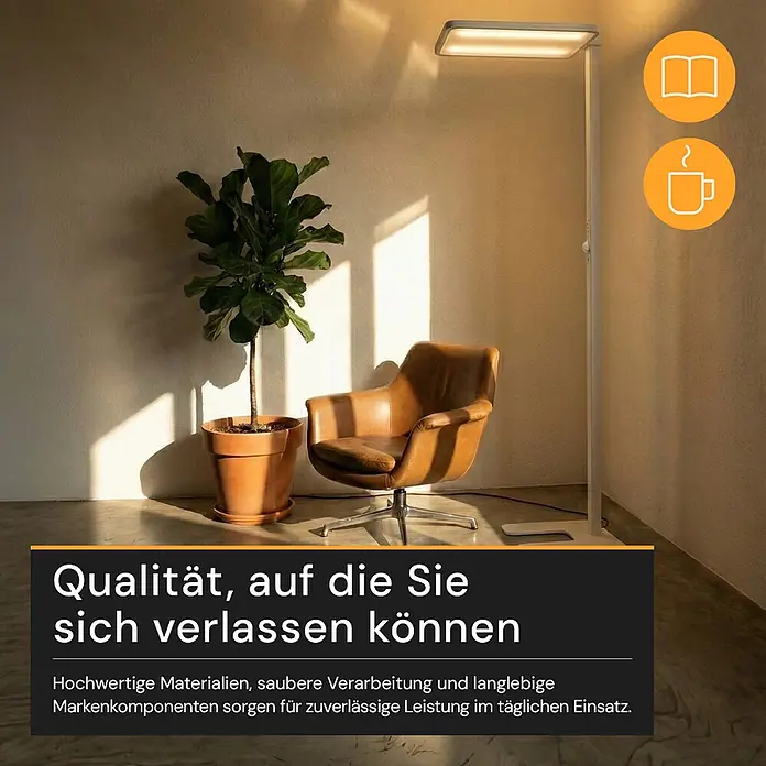 Enovalite LED-Stehleuchte - 150 W, Höhe: 199 cm, Weiß, Neutralweiß - Eine schlanke, weiße LED-Stehleuchte beleuchtet eine gemütliche Leseecke mit braunem Ledersessel und Topfpflanze.
