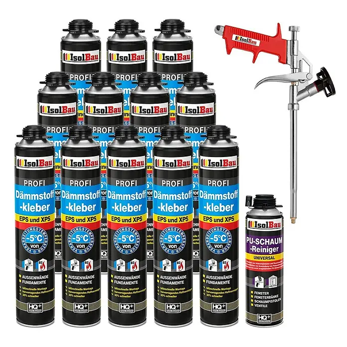 IsolBau Klebeschaum Profi Dämmstoffkleber 12 x 750 ml, PU-Reiniger 500 ml, Schaumpistole - 750 ml - IsolBau Dämmstoffkleber Schaumdosen, PU-Schaum-Reiniger und eine rot-silberne Schaumpistole.