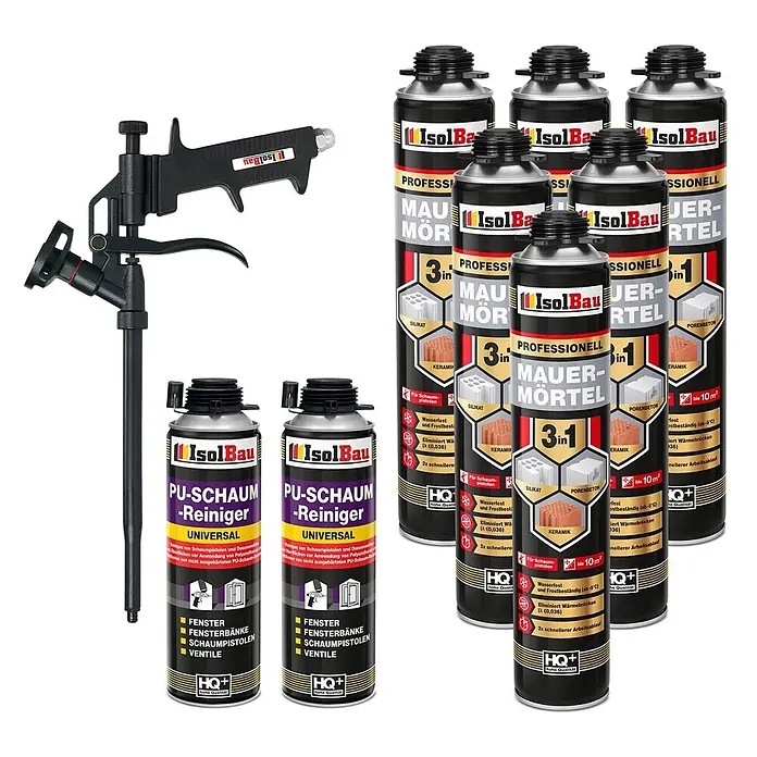 IsolBau Klebeschaum PU Mauermörtel - 6 x 750ml, PU-Reiniger - 2 x 500 ml, Schaumpistole - 750 ml - Ein Set mit einer schwarzen Schaumpistole, sechs Dosen Klebemörtelschaum und zwei Dosen PU-Schaumreiniger.
