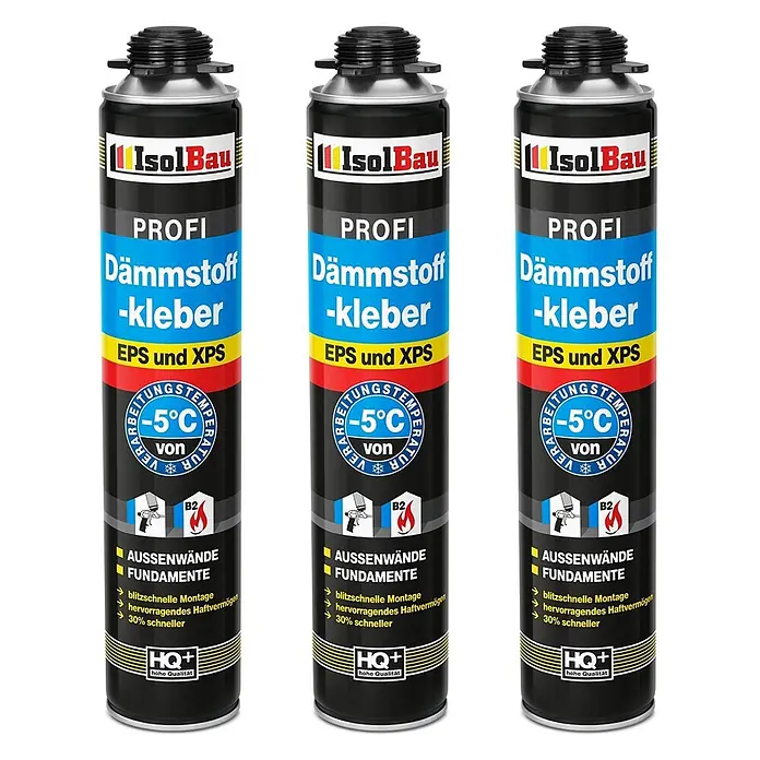 IsolBau Klebeschaum Profi Dämmstoffkleber 3 x 750 ml - 750 ml - Drei schwarze IsolBau Dämmstoffkleber-Spraydosen für EPS und XPS, geeignet für Außenwände und Fundamente.