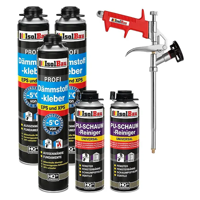 IsolBau Klebeschaum Profi Dämmstoffkleber 3 x 750 ml, PU-Reiniger 2 x 500 ml, Schaumpistole - 750 ml - Drei Dosen Dämmstoffkleber, zwei Dosen PU-Schaumreiniger und eine rot-silberne Schaumpistole.