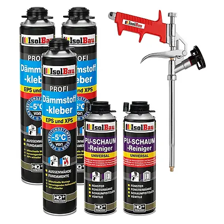 IsolBau  Klebeschaum Profi Dämmstoffkleber 3 x 750 ml, PU-Reiniger 2 x 500 ml, Schaumpistole