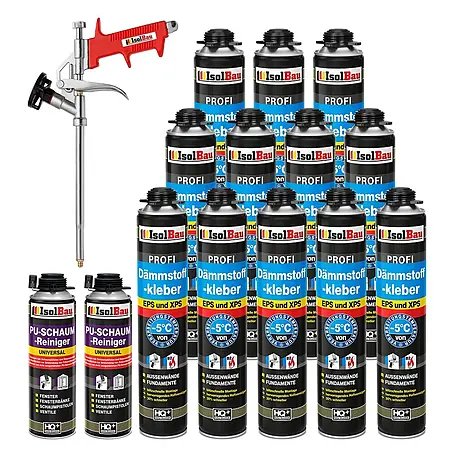 IsolBau  Klebeschaum Profi Dämmstoffkleber 12 x 750 ml, PU-Reiniger 2 x 500 ml, Schaumpistole