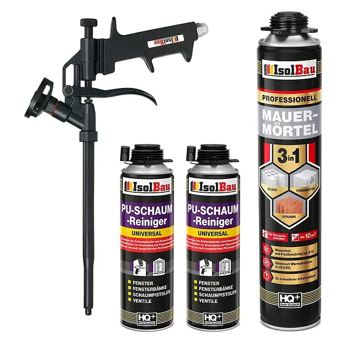 IsolBau Klebeschaum PU Mauermörtel - 1 x 750ml, PU-Reiniger - 2 x 500 ml, Schaumpistole - 750 ml - Eine schwarze Schaumpistole, zwei Dosen PU-Schaumreiniger und eine Dose 3-in-1 Mauermörtel für den Bau.